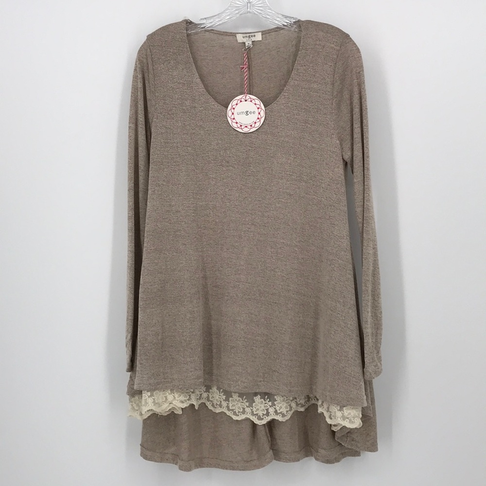 Knit tee floral lace hem hi lo mocha long sleeve